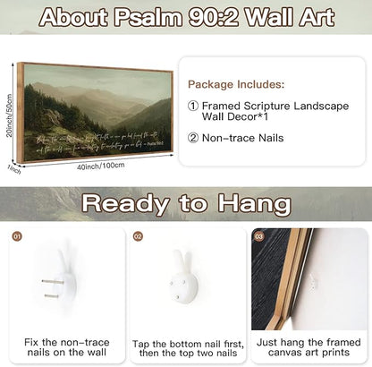 CHDITB Bible Verses Quotes Scripture Psalm 90:2 Wall Art Framed, Neutral Boho Farmhouse Christian Mountain Landscape Canvas Artwork, Large Vintage Religious Biblical Nature Smoky Forest Painting Decor for Living Room Office (40"L x 20"W)