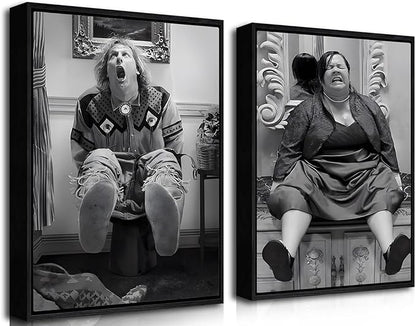Funny Wall Art Set of 2 - Black Floating Frame Black and White Vintage Humor Bathroom Wall Decor, Dumb And Dumber Movie Posters Art, Bathroom Decor Canvas Wall Art 12x16 in