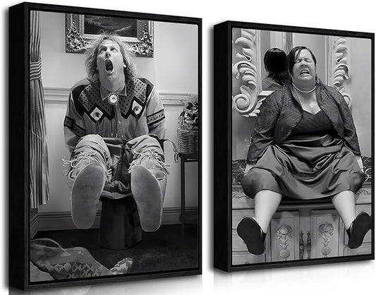 Funny Wall Art Set of 2 - Black Floating Frame Black and White Vintage Humor Bathroom Wall Decor, Dumb And Dumber Movie Posters Art, Bathroom Decor Canvas Wall Art 12x16 in