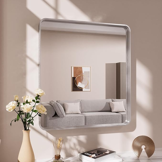 JISOSO Brushed Nickel Bathroom Mirror 38x38 Inch, Brushed Silver Metal Frame Mirror Wall Mounted, Rounded Bathroom Vanity Mirror, Tempered Glass, Anti-Rust, Horizontal/Vertical
