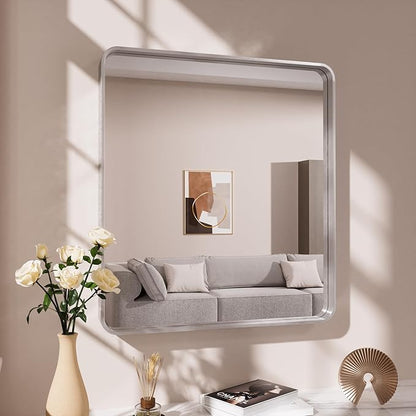 JISOSO Brushed Nickel Bathroom Mirror 38x38 Inch, Brushed Silver Metal Frame Mirror Wall Mounted, Rounded Bathroom Vanity Mirror, Tempered Glass, Anti-Rust, Horizontal/Vertical