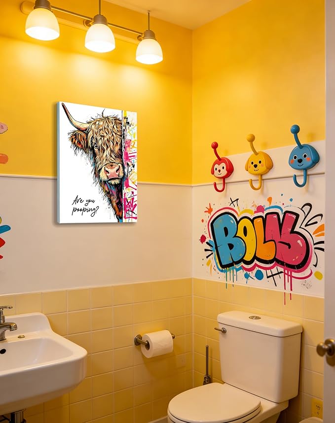 Funny Highland Cow Bathroom Wall Art, Are You Pooping? Graffiti Pop Art Canvas Print, 12x16 Inch Framed Humorous Farmhouse Bathroom Decor, Colorful Cow Picture for Washroom Toilet Powder Room