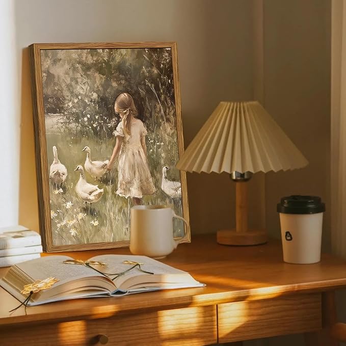 Framed Vintage Wall Art, Rustic Cute Girl with Duck Pictures Wall Decor, Farmhouse Cottagecore Paintings Country Nature Animal Canvas Prints for Living Room Bedroom Home 16x24 inch