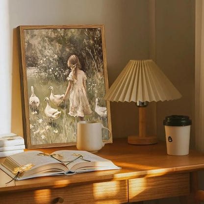 Framed Vintage Wall Art, Rustic Cute Girl with Duck Pictures Wall Decor, Farmhouse Cottagecore Paintings Country Nature Animal Canvas Prints for Living Room Bedroom Home 16x24 inch