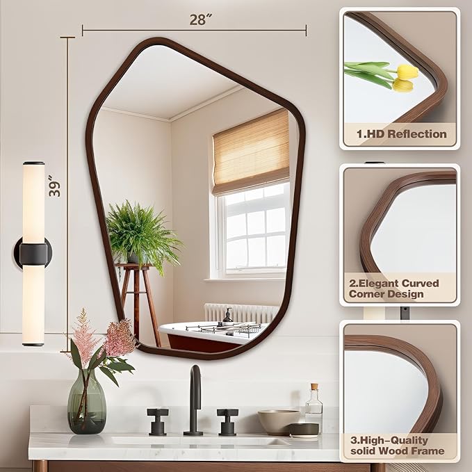 40"x28" Irregular Wall Mirror, Farmhouse Asymmetrical Mirror for Wall Decor, Wood Frame Bathroom Mirror for Living Room Bedroom Entryway Bathroom, Vertically, Walnut