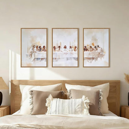 KAIRNE Jesus Last Supper Framed Canvas Wall Art Set, Christian Twelve Apostle Wall Decor, Bible Renaissance wall Painting, Religious Picture Art Print for Living Room, Bedroom, Church-16 x24 x3