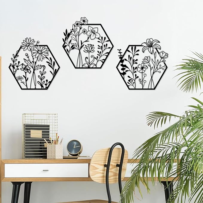 ESTART 3 Pcs Metal Flower Wall Decor Minimalist Floral Wall Hanging Decor Metal Flower Rustic Floral Art for Spring Bedroom Bathroom Living Room Kitchen Dining Room Decoration (Black)