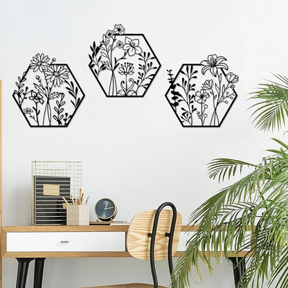 ESTART 3 Pcs Metal Flower Wall Decor Minimalist Floral Wall Hanging Decor Metal Flower Rustic Floral Art for Spring Bedroom Bathroom Living Room Kitchen Dining Room Decoration (Black)