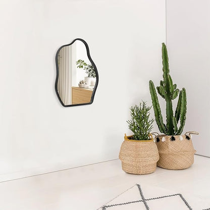 Asymmetrical Wood Frame Mirrors for Wall Oval Hanging Mirror Unique Irregular Modern Mirror for Entryway Hallway Living Room Bedroom Vanity Decorative Artistic Wall Mirror