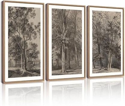 Drsoum Vintage Black Tree Wall Art Framed Retro Antique Forest Prints Modern Rustic Artwork Farmhouse Ready to Hang 16x24in Natural Framed