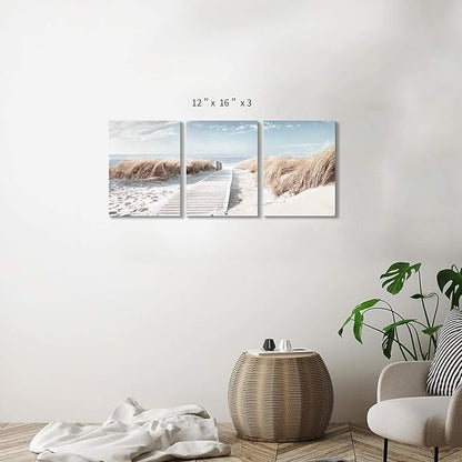 Hardy Gallery Coastal Beach Canvas Wall Art: Pathway to Shoreline Artwork Painting on Canvas for Office or Bedroom (16'' x 12'' x 3 Panels)