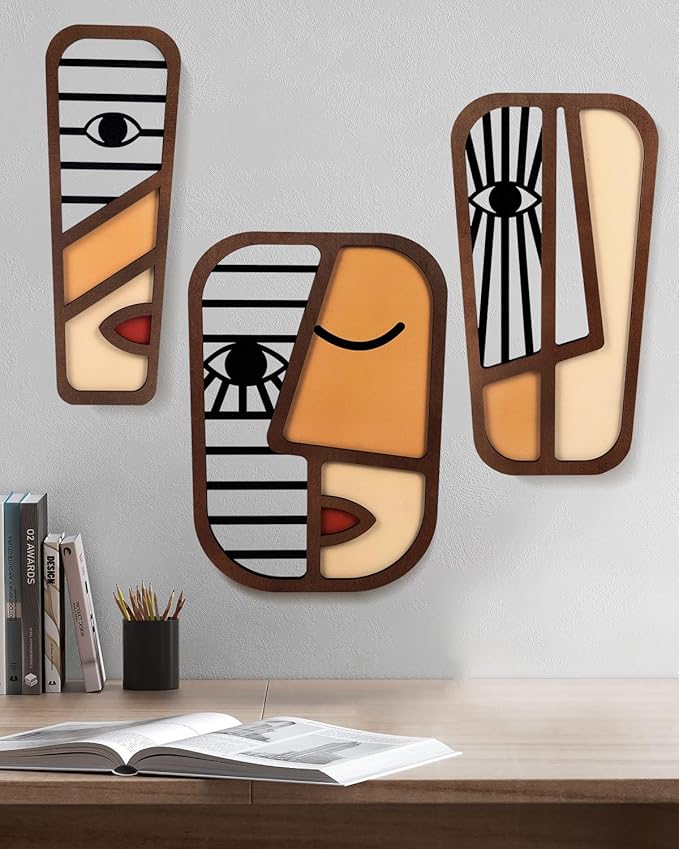 LIFVEAN Abstract Wood Picasso Wall Art Decor - Vintage African Art Tribal Wall Art - Modern Minimalism Mask Home Wall Decor - for Bedroom Bathroom Living Room (3 Piece)