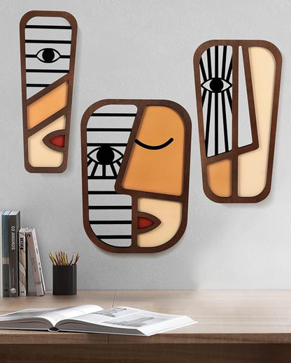 LIFVEAN Abstract Wood Picasso Wall Art Decor - Vintage African Art Tribal Wall Art - Modern Minimalism Mask Home Wall Decor - for Bedroom Bathroom Living Room (3 Piece)