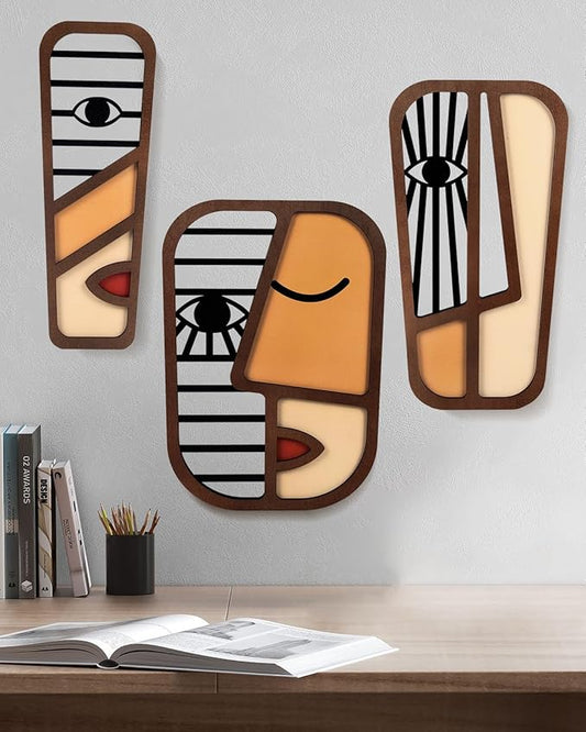 LIFVEAN Abstract Wood Picasso Wall Art Decor - Vintage African Art Tribal Wall Art - Modern Minimalism Mask Home Wall Decor - for Bedroom Bathroom Living Room (3 Piece)