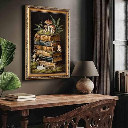 WZGZXU Vintage Gold Framed Wall Art Botanical Wall Decor Dark Academia Canvas Art Cottagecore Stack Books Pictures Gothic Prints Moody Paintings For Bedroom Study Room Library 16x24in