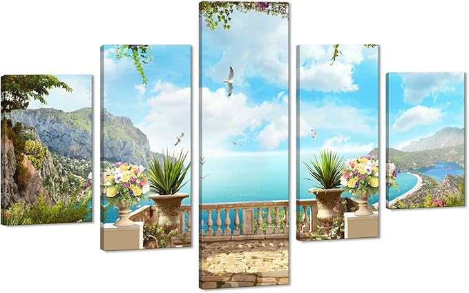 Beautiful Modern Landscape Balcony Overlooking the Harbour Pictures Painting on Canvas 5 Panels Combination Extra Large for Wall Art Living Room Home Decor Framed Stretched (60" W x 40" H)