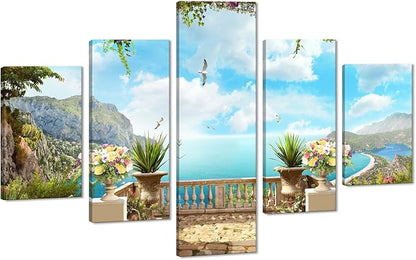 Beautiful Modern Landscape Balcony Overlooking the Harbour Pictures Painting on Canvas 5 Panels Combination Extra Large for Wall Art Living Room Home Decor Framed Stretched (60" W x 40" H)
