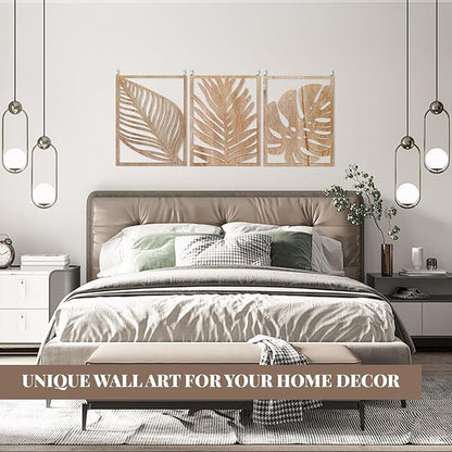 3PCS Tropical Wall Art, Wall Art Decor Leaf Sign Wall Vintage Tropical Plant Wall Rustic Palm Leaf, Modern Wooden Wall Sculptures for for Living room, Bedroom, Office, Wood Decor Accents, Home Decorations(16.5x 12.6x0.2in)
