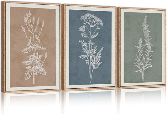 HLNIUC Neutral Botanical Framed Wall Art Set, Boho Minimalist Plant Canvas Wall Decor, Vintage Leaf Wall Painting, Nature Floral Silhouette Art Print for Bedroom, Living Room, Study - 24”x36”x3