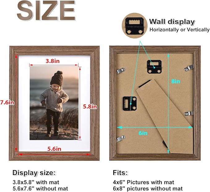 KINLINK 6x8 Picture Frame Brown Wood, Solid Wood Frames with Acrylic Plexiglass for Pictures 4x6 with Mat or 6x8 without Mat, Tabletop and Wall Display Photo Frame, Set of 4