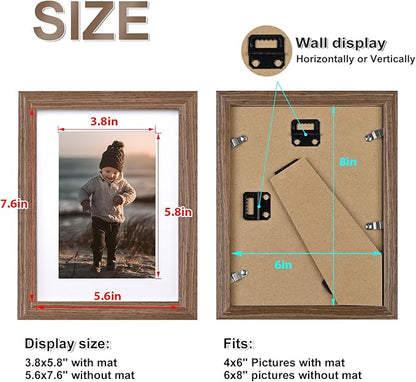 KINLINK 6x8 Picture Frame Brown Wood, Solid Wood Frames with Acrylic Plexiglass for Pictures 4x6 with Mat or 6x8 without Mat, Tabletop and Wall Display Photo Frame, Set of 4