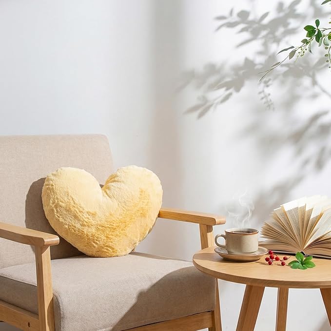 16" Honey Amber Heart Pillow, Luxury 600GSM Smooth Faux Rabbit Fur, Beeswax Yellow Aesthetic Decorative Throw Pillow for Couch Sofa Bed, Warm Golden Heart Cushion