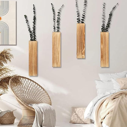 Wooden Wall Planter Set of 4 - Modern Home Decor for Living Room, Bedroom, Bathroom - Brown Finish Planter for Dried Flowers, Faux Greenery, Indoor Plants