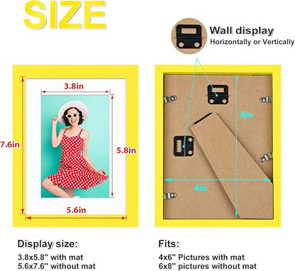 KINLINK 6x8 Picture Frames Yellow, Solid Wood Frames with Acrylic Plexiglass for Pictures 4x6 with Mat or 6x8 without Mat, Tabletop and Wall Display Photo Frame, Set of 4