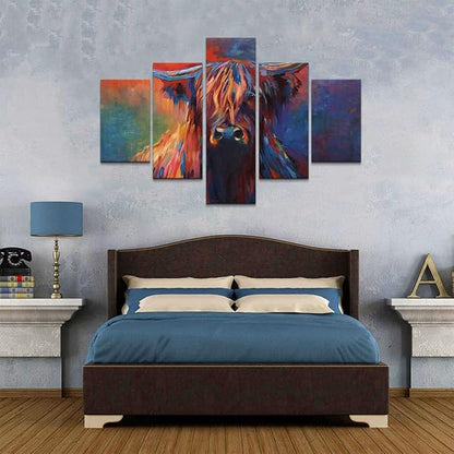 Highland Cow Canvas Wall Art Cow Pictures Modern Abstract Oil Painting on Canvas 5 Panels for Home Decor Living Room, Framed 60L x 40W