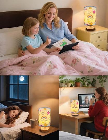 Rainbow Lamp, Rainbow Lamp for Girls Room, 3 Color Changing LED Night Light with 9 Brightness Levels Wood Nightstand Desk Base Flaxen Fabric Shade for Bedroom Living Room (Rainbows Clouds)