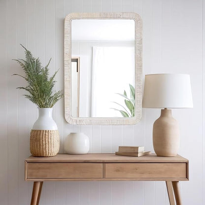 FUIN 20" x 30" Rattan Wicker Rectangle Wall Mounted Bathroom Mirror for Coastal Boho Nursery Decor, White Wash
