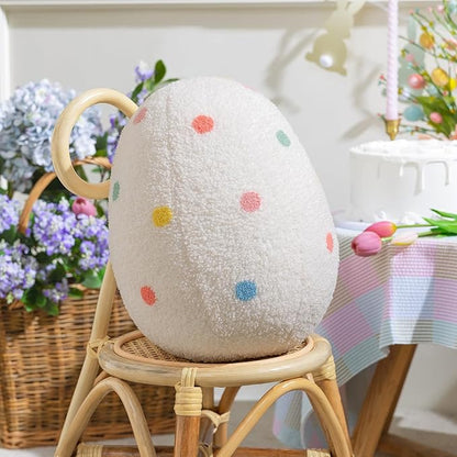 Ashler Egg Shaped Throw Pillow, Spring Home Decor, Teddy Fabric Decorative Cushion with Colorful Polka Dots Embroidery, Soft Pillow for Bedroom Living Room Couch, 14x11 in