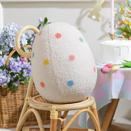 Ashler Egg Shaped Throw Pillow, Spring Home Decor, Teddy Fabric Decorative Cushion with Colorful Polka Dots Embroidery, Soft Pillow for Bedroom Living Room Couch, 14x11 in