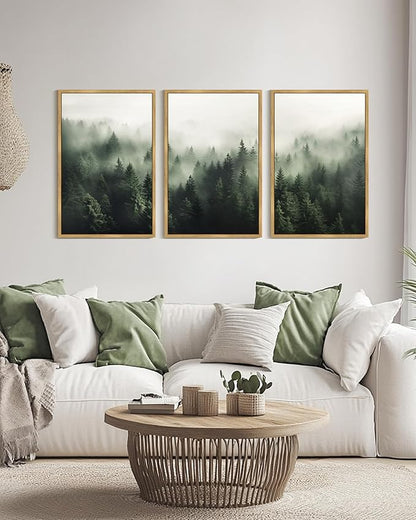 PHOPAGO Green Fog Pine Tree Framed Wall Art Huge 24x36in Nature Misty Nordic Forests Artwork Morden Paints for Living Room Bedroom Decor - Natural Framed