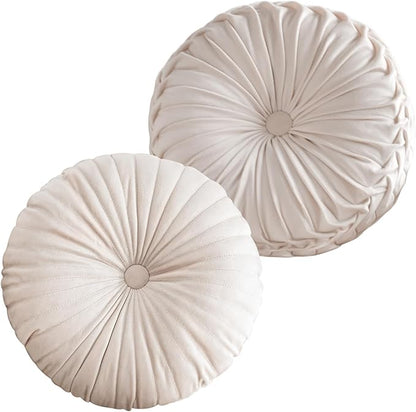 Teieas 2 Pcs Round Throw Pillows Pleated Velvet Pumpkin Round Pillows Floor Cushion for Living Room Couch Chair Bed Sofa 15.7"x15.7"/13.8" x 13.8" (Beige)