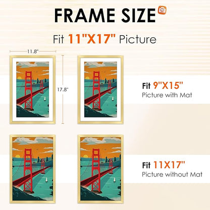FIXSMITH 11x17 Picture Frame Gold Set of 2, Photo Frame with HD Plexiglass, Display Pictures 9x15 with Mat or 11x17 Without Mat, Gold Picture Frames Collage Wall Decor, Gallary Wall Frame