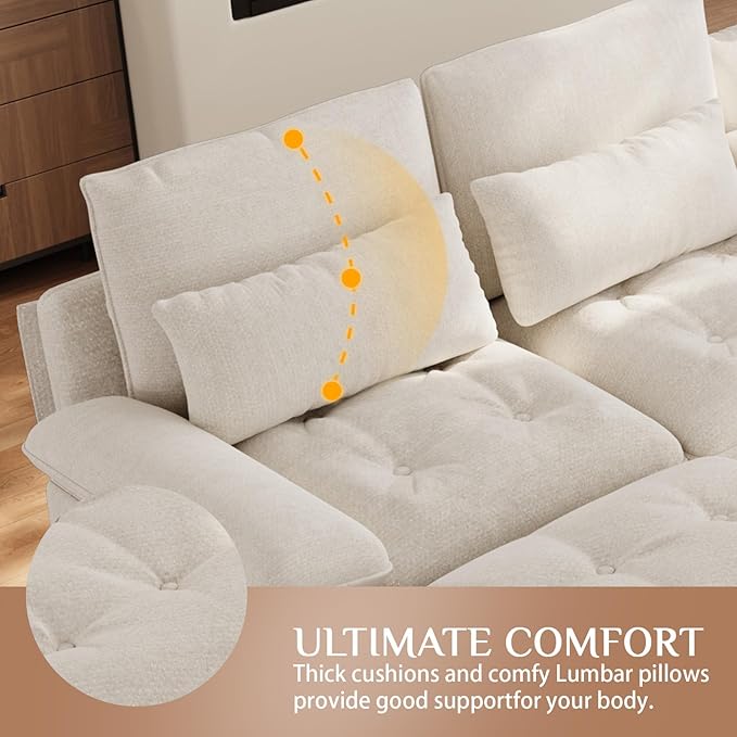 134"U Shaped Sectional Couches for Living Room, Oversized Modular Sectional Fluffy Couch with 2 Ottoman & Storage Console,Modern 6 Seat Living Room Sofa with Glitter Fabric,Tufted Buttons, Beige