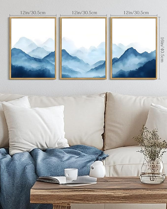 Drsoum Blue Fog Mountains Landscape Wall Art Framed Vintage Nature Misty Nordic Prints Ink Wash Watercolor Boho Farmhouse Rustic Artwork Hallway Bedroom Ready to Hang 12x16in Natural Framed