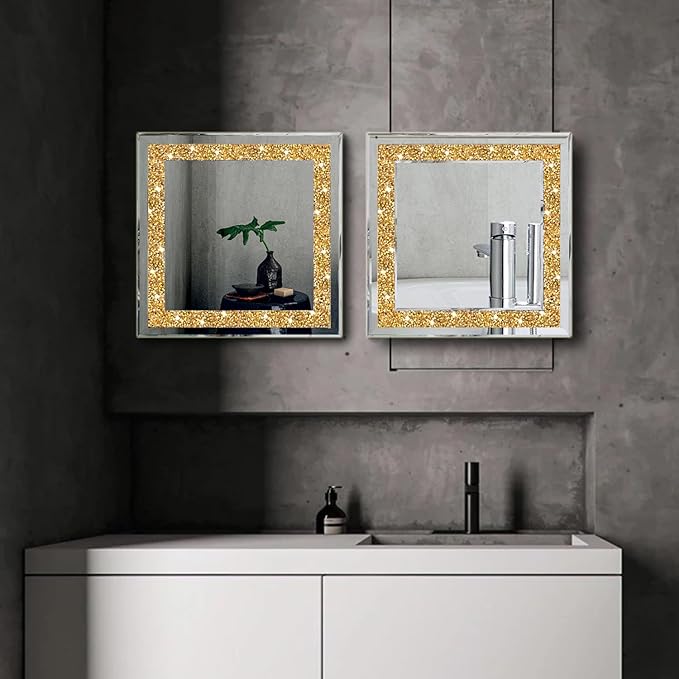 ZOLAPI 2PCS Crystal Rhinestone Diamond Wall Mirror.Brilliant Hand-Spliced Glass Mirror.Gold Accent Decorative Mirror for Hallway/Bathroom/Bedroom（12”x12”）