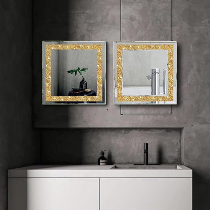 ZOLAPI 2PCS Crystal Rhinestone Diamond Wall Mirror.Brilliant Hand-Spliced Glass Mirror.Gold Accent Decorative Mirror for Hallway/Bathroom/Bedroom（12”x12”）