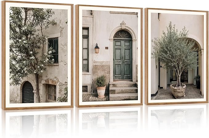 HPNIUB Large Vintage Italy City Landscape Framed Canvas Wall Art Set, Olive Green Tree Country Wall Decor, Modern Minimalist Countryside Villages Picture for Living Room,Bedroom,Office-24 x36 x3