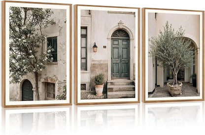 HPNIUB Large Vintage Italy City Landscape Framed Canvas Wall Art Set, Olive Green Tree Country Wall Decor, Modern Minimalist Countryside Villages Picture for Living Room,Bedroom,Office-24 x36 x3