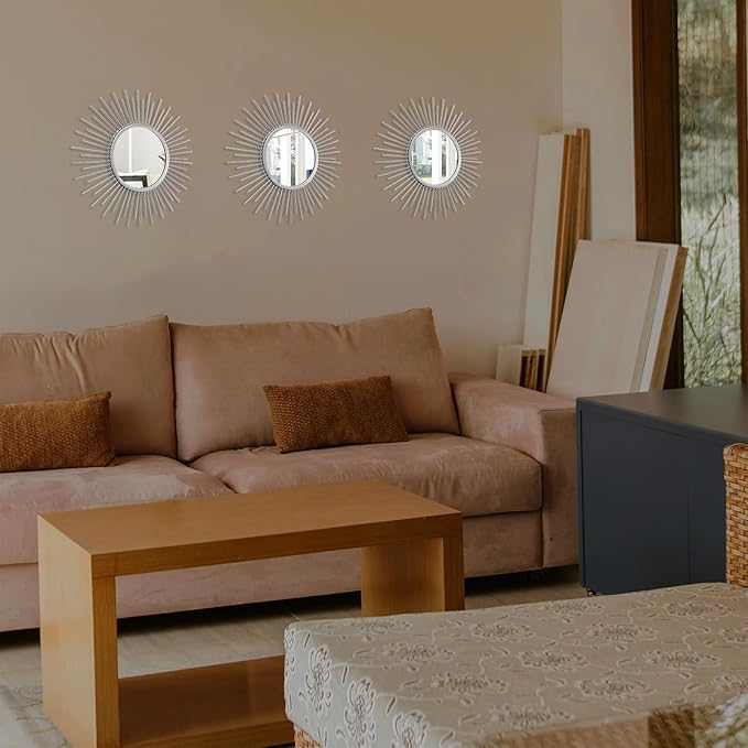 3 Set Sunburst Mirrors for Wall Decor Living Room Bedroom Bathroom Dining Room Metal Boho Sunburst Wall Mirror Set Gold Metal Vintage Circle Art Pack - Silver 11.8 in