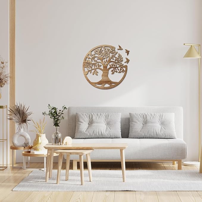 Tree of Life Wall Art Wooden Tree Life Wall Decor with Three Birds 12 Inch Round Family Tree Life Wall Hanging Plaque for Bedroom Living Room Kitchen Office Farmhouse Decor Indoor Outdoor (Round Tree of Life - Wood Color)