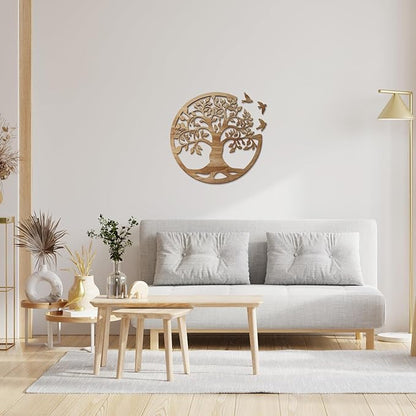 Tree of Life Wall Art Wooden Tree Life Wall Decor with Three Birds 12 Inch Round Family Tree Life Wall Hanging Plaque for Bedroom Living Room Kitchen Office Farmhouse Decor Indoor Outdoor (Round Tree of Life - Wood Color)