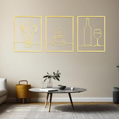 Otoolling 3 Pieces Metal Minimalist Line Kitchen Signs Wall Decor Drawing Rustic Kitchen Wall Art for Dining Living Room Home, 14 x 11 Inches(Dining Room,Gold)