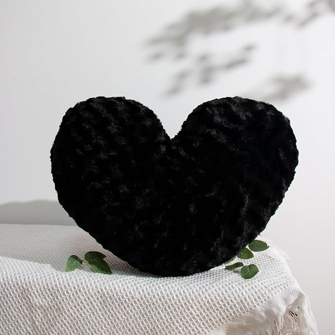 16" Obsidian Black Heart Pillow, Luxury 600GSM Rose Textured Faux Rabbit Fur, Midnight Aesthetic Throw Pillow for Bed Sofa, Sophisticated Matte Black Heart Cushion Decor