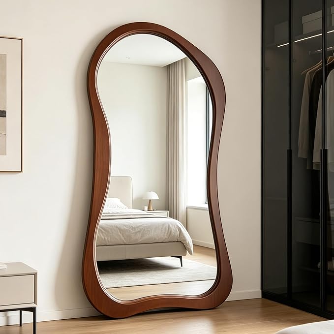 Irregular Full Length Mirror, 71"x33.5" Premium Oversized Organic Floor Mirror with Solid Wood Frame, Asymmetrical Full Body Mirrors for Living Room Entryway Cloakroom, Leaning/Hanging