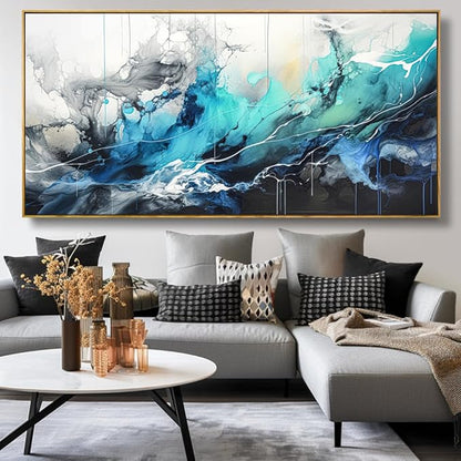 Wall Art Abstract Canvas Painting Teal Blue Modern Artwork for Living Room Bedroom Dining Room Home Office Decor 24"x48" with Framed
