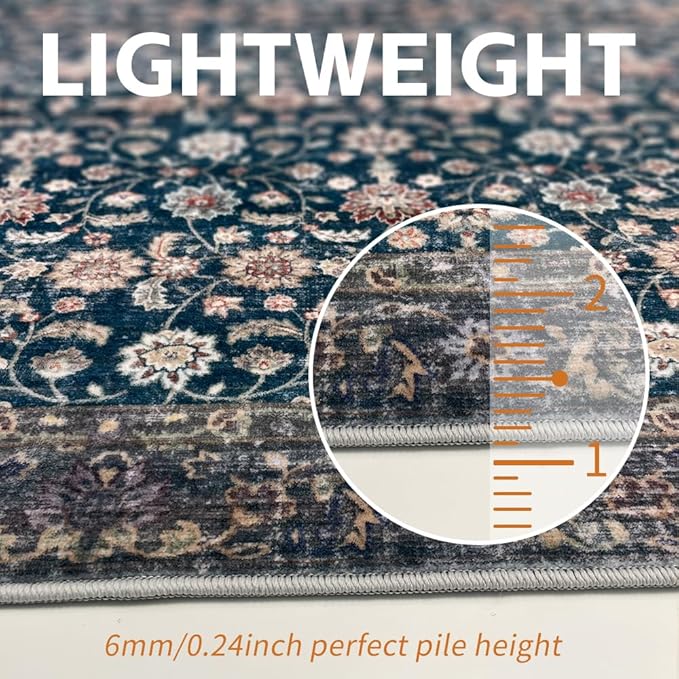 5x7 Area Rugs Green Washable Rug for Living Room, Dining Room, Bedroom, Large Carpets, Non Slip & Non-Shedding Low Pile Vintage Print Rug for Home Office Decor